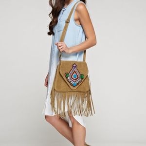Suede Fringe Bag with Bead Trim, Fringed Saddle Bg